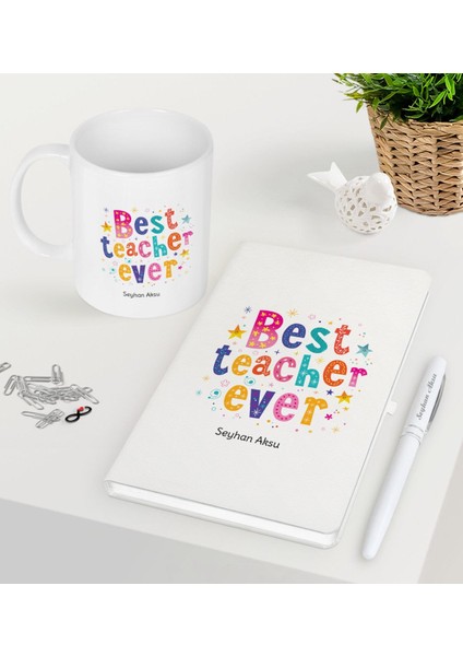 Kişiye Özel En Iyi Öğretmen Beyaz Defter Kalem Kupa Seti-12