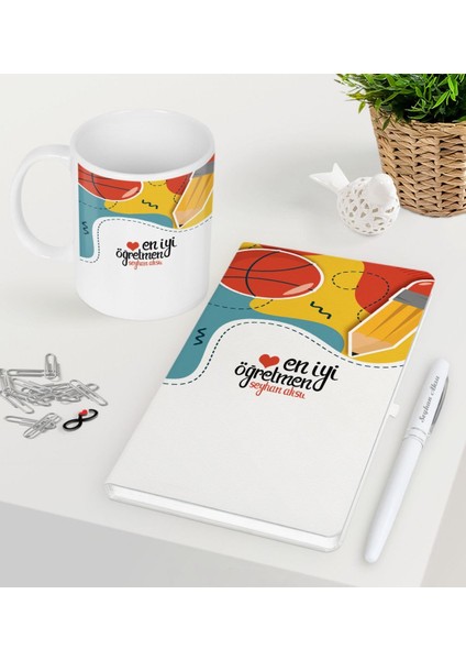 Kişiye Özel En Iyi Öğretmen Beyaz Defter Kalem Kupa Seti-5