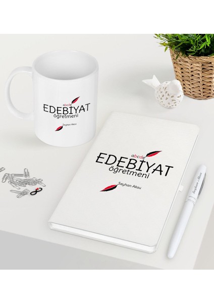 Kişiye Özel Edebiyat Öğretmeni Beyaz Defter Kalem Kupa Seti-5