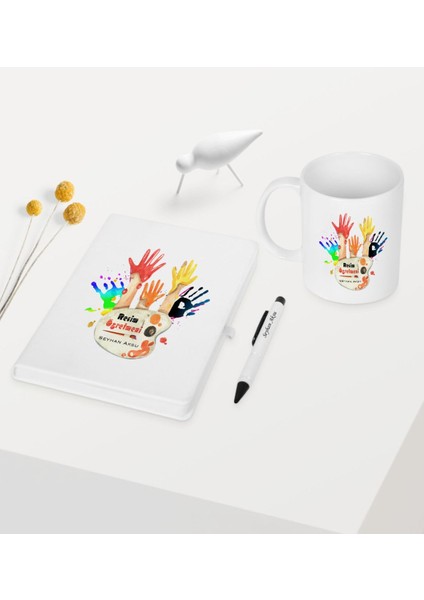 Kişiye Özel Resim Öğretmeni Temalı Beyaz Defter Kalem Kupa Seti - 3