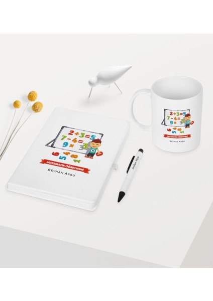 Kişiye Özel Matematik Öğretmeni Temalı Beyaz Defter Kalem Kupa Seti - 5