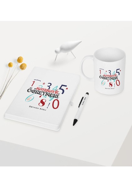Kişiye Özel Matematik Öğretmeni Temalı Beyaz Defter Kalem Kupa Seti - 4