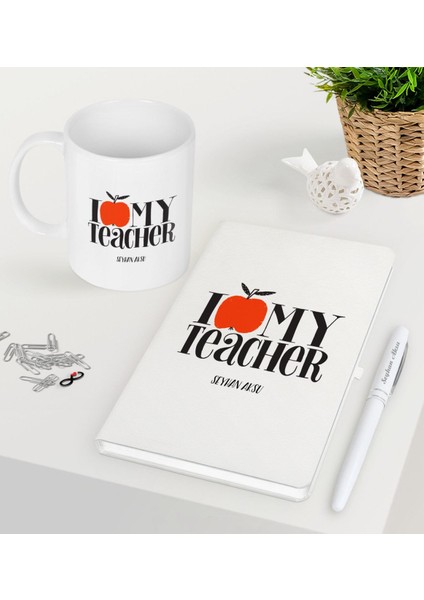 Kişiye Özel Öğretmenimi Seviyorum Beyaz Defter Kalem Kupa Seti-3