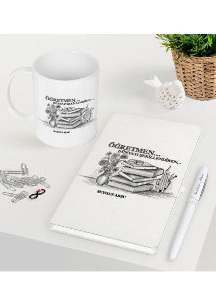 Kişiye Özel Öğretmen Beyaz Defter Kalem Kupa Seti-1