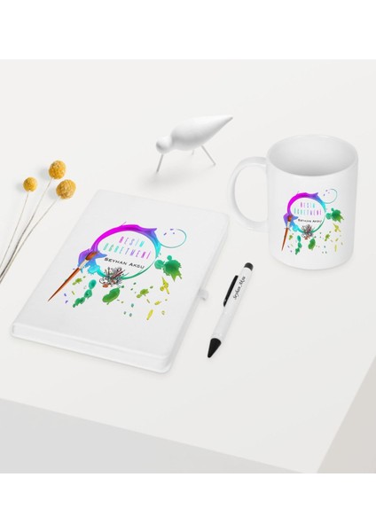 Kişiye Özel Resim Öğretmeni Temalı Beyaz Defter Kalem Kupa Seti - 4