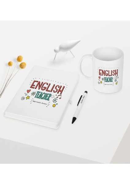 Kişiye Özel Ingilizce Öğretmeni Temalı Beyaz Defter Kalem Kupa Seti - 5