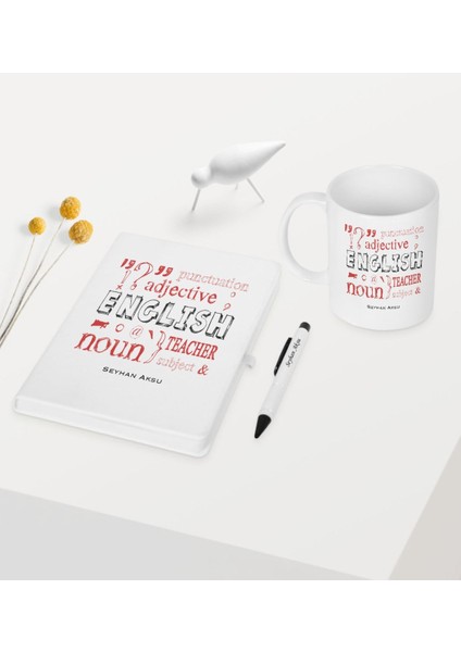 Kişiye Özel Ingilizce Öğretmeni Temalı Beyaz Defter Kalem Kupa Seti - 6
