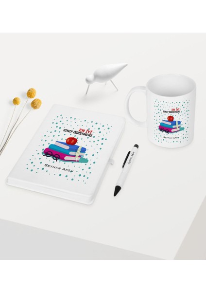 Kişiye Özel En Iyi Sınıf Öğretmeni Temalı Beyaz Defter Kalem Kupa Seti - 13