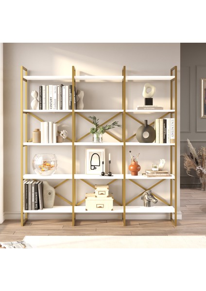 Robin Home Atlantis Gold Metal Kitaplık 5 Raflı Geniş 3 Bölme 175CM Beyaz