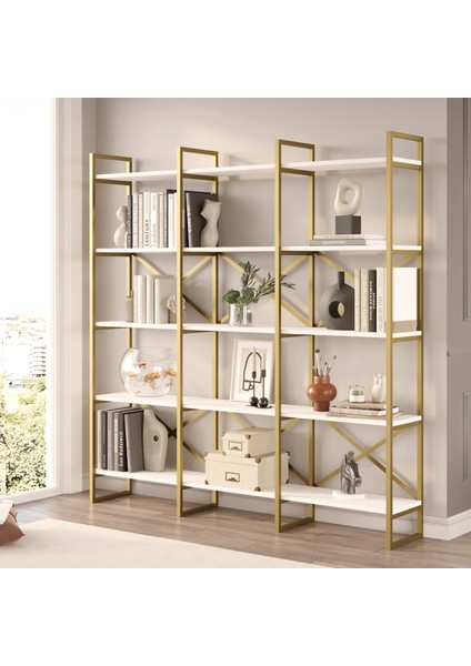 Robin Home Atlantis Gold Metal Kitaplık 5 Raflı Geniş 3 Bölme 175CM Beyaz