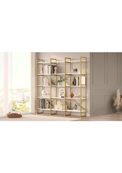 Robin Home Atlantis Gold Metal Kitaplık 5 Raflı Geniş 3 Bölme 175CM Beyaz