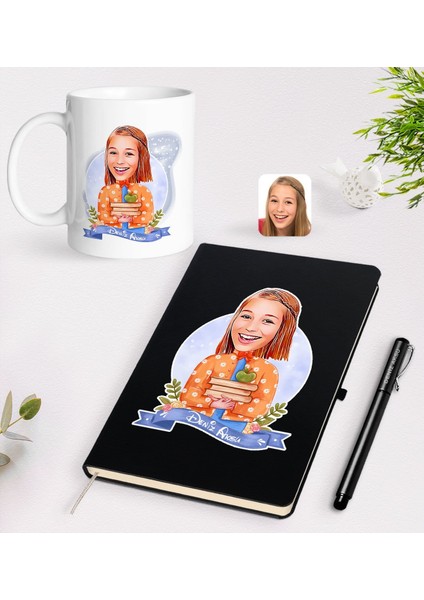 Gift Kişiye Özel Öğretmen Karikatürlü Siyah Defter Kalem Kupa Seti - 4