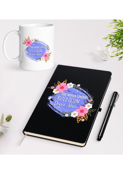 Gift Kişiye Özel Öğretmenler Günü Tasarımlı Siyah Defter Kalem Kupa Seti - 4