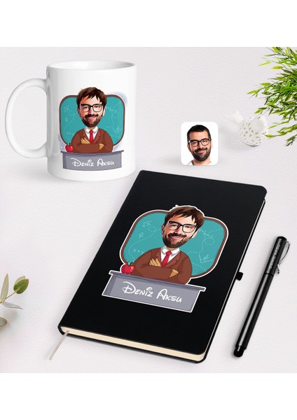 Gift Kişiye Özel Erkek Öğretmen Karikatürlü Siyah Defter Kalem Kupa Seti - 3