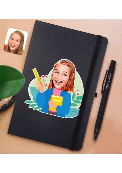 Gift Kişiye Özel Öğretmen Karikatürlü Siyah Defter ve Metal Versatil Kalem(0,7 Kurşun) Hediye Seti-6