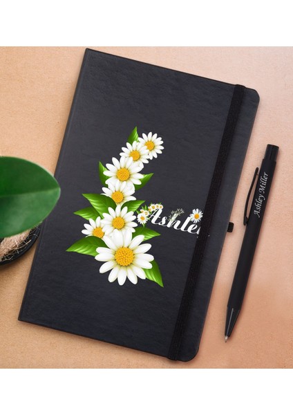 Gift Kişiye Özel Papatya Temalı Siyah Defter ve Metal Versatil Kalem(0,7 Kurşun) Hediye Seti-8