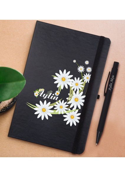 Gift Kişiye Özel Papatya Temalı Siyah Defter ve Metal Versatil Kalem(0,7 Kurşun) Hediye Seti-1