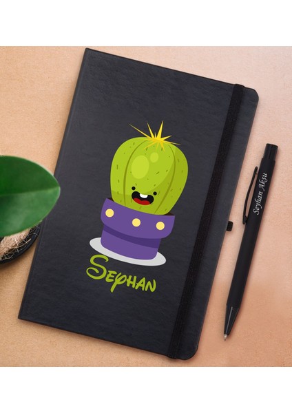 Gift Kişiye Özel Kaktüs Tasarımlı Siyah Defter ve Metal Versatil Kalem(0,7 Kurşun) Hediye Seti-10