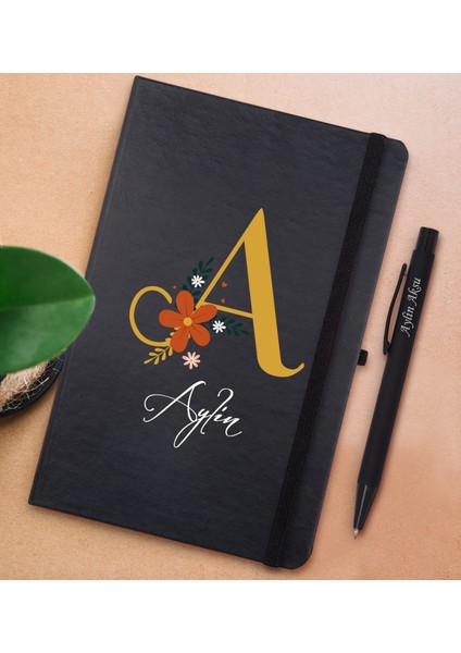 Gift Kişiye Özel Harf ve Isim Tasarımlı Siyah Defter ve Metal Versatil Kalem(0,7 Kurşun) Hediye Seti-1