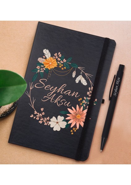 Gift Kişiye Özel Çiçek Tasarımlı Siyah Defter ve Metal Versatil Kalem(0,7 Kurşun) Hediye Seti-20
