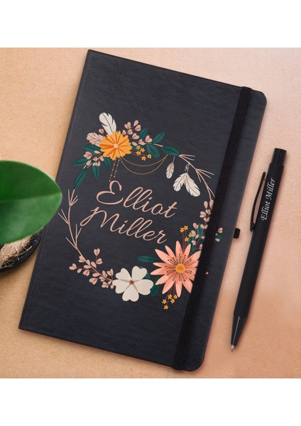 Gift Kişiye Özel Çiçek Tasarımlı Siyah Defter ve Metal Versatil Kalem(0,7 Kurşun) Hediye Seti-20