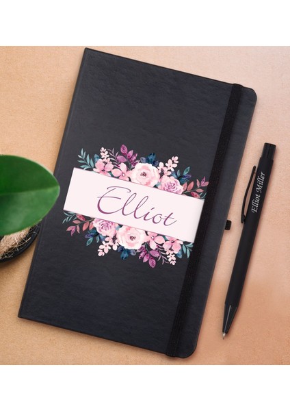 Gift Kişiye Özel Çiçek Tasarımlı Siyah Defter ve Metal Versatil Kalem(0,7 Kurşun) Hediye Seti-22