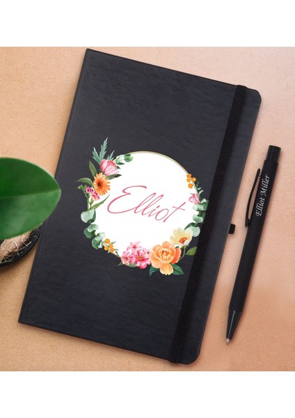 Gift Kişiye Özel Çiçek Tasarımlı Siyah Defter ve Metal Versatil Kalem(0,7 Kurşun) Hediye Seti-10
