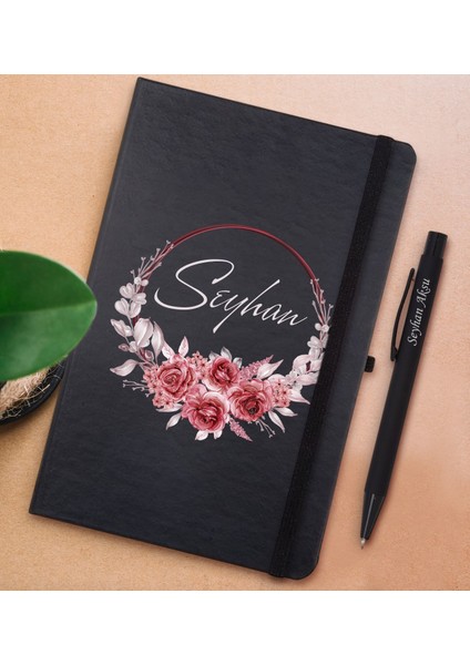Gift Kişiye Özel Çiçek Tasarımlı Siyah Defter ve Metal Versatil Kalem(0,7 Kurşun) Hediye Seti-1