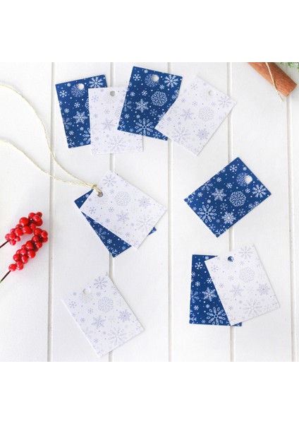 Yılbaşı kar desenli dikdörtgen etiket seti, Koyu Mavi-Beyaz 10 adet (3.5x4.9 cm)