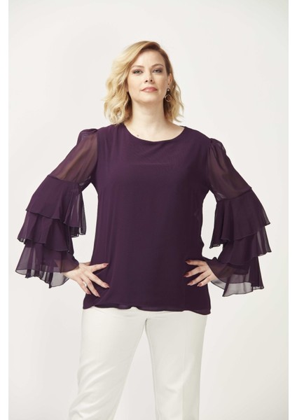 28009 Kolları Fırfırlı Büyük Beden Bluz Mürdüm