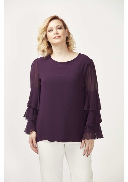 28009 Kolları Fırfırlı Büyük Beden Bluz Mürdüm fiyatları