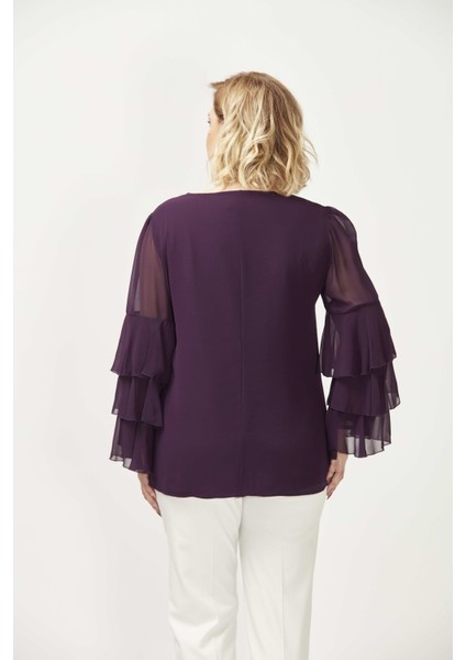 28009 Kolları Fırfırlı Büyük Beden Bluz Mürdüm modelleri