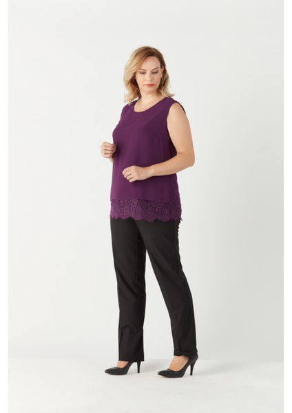 3207 Etek Ucu Dantelli Şifon Büyük Beden Şık Bluz Mürdüm