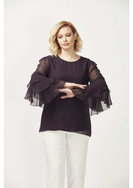 28009 Kolları Fırfırlı Büyük Beden Bluz Koyu Mürdüm