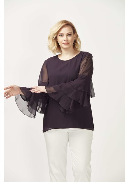 28009 Kolları Fırfırlı Büyük Beden Bluz Koyu Mürdüm fiyatları