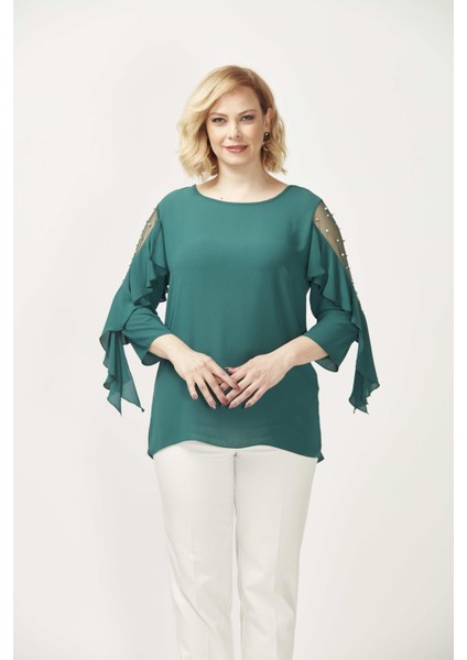 28004 Yeşil Kolları Incili Büyük Beden Bluz ​​​​​​​
