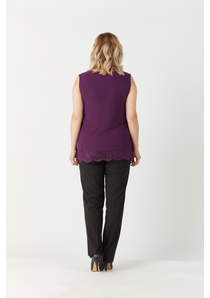 3207 Etek Ucu Dantelli Şifon Büyük Beden Şık Bluz Mürdüm modelleri