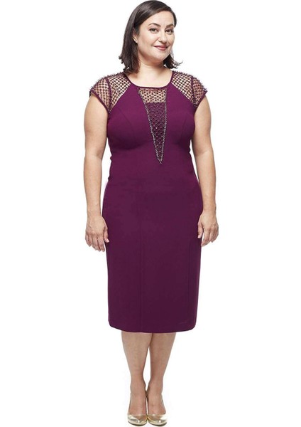 Kare Baklava Desenli Kısa Büyük Beden Abiye Elbise Mürdüm