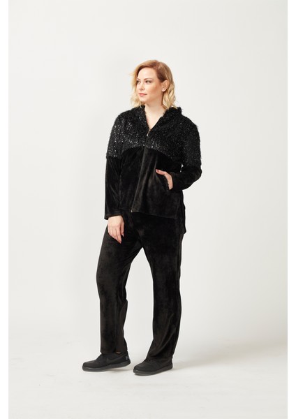 3239 Tam Kalıp Pullu Saçaklı Tarz Kapşonlu Kadife Eşofman Takımı Siyah