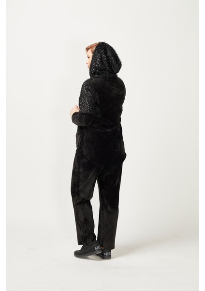 3239 Tam Kalıp Pullu Saçaklı Tarz Kapşonlu Kadife Eşofman Takımı Siyah fiyatları