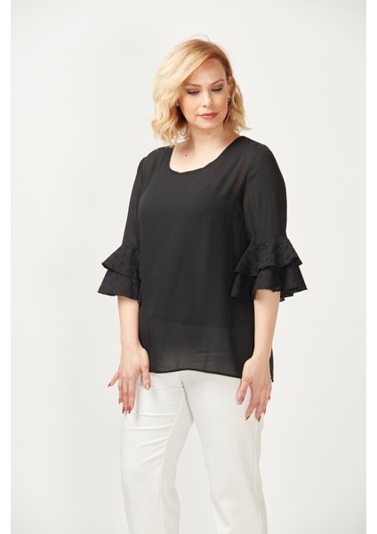 3206 Kolları Fisto Detaylı Büyük Beden Bluz Siyah