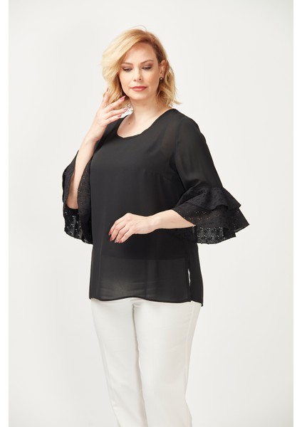 3206 Kolları Fisto Detaylı Büyük Beden Bluz Siyah modelleri