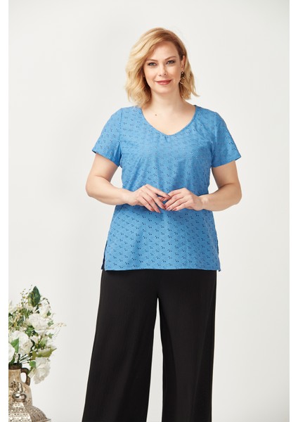 3204 Fistolu Kısa Kollu Büyük Beden Şık Bluz Mavi