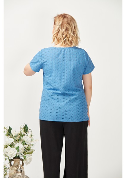 3204 Fistolu Kısa Kollu Büyük Beden Şık Bluz Mavi modelleri