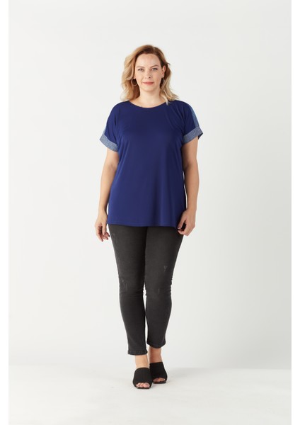 3236 Parlak Omuz Detaylı Esnek Bluz Saks