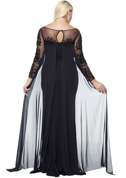 8028 Uzun Kollu Arkası Şifon Kuyruklu Abiye Elbise Siyah fiyatları