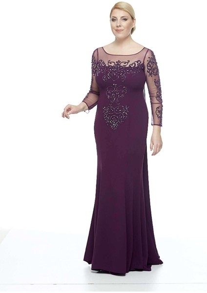 8028 Uzun Kollu Arkası Şifon Kuyruklu Abiye Elbise Mürdüm