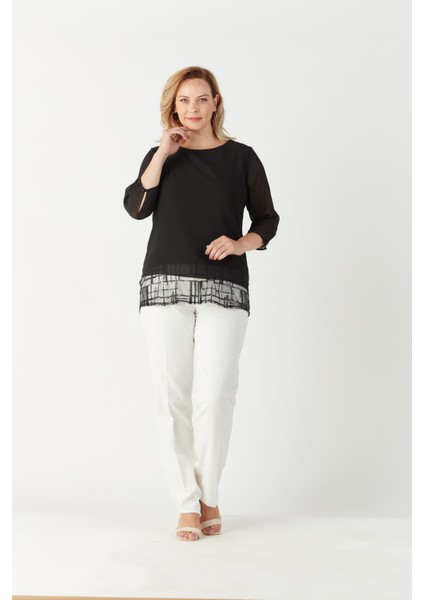 4046 Şifon Payet Dantel Kombinli Büyük Beden Şık Bluz Siyah