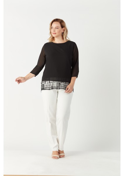 4046 Şifon Payet Dantel Kombinli Büyük Beden Şık Bluz Siyah fiyatları