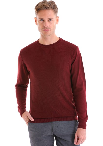 Bordo Regular Fit Çizgili Yün Bisiklet Yaka Triko Kazak